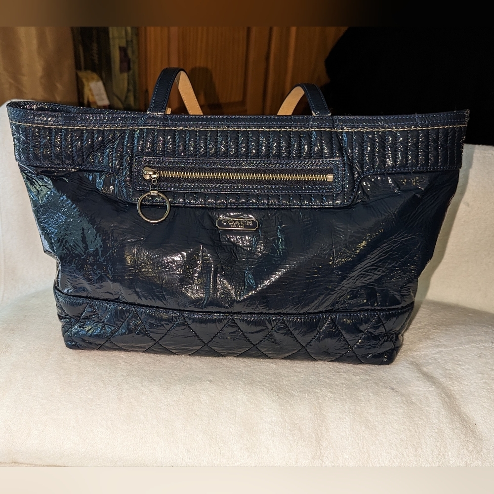 Coach Poppy liquid gloss soft navy patent leather tote.18674